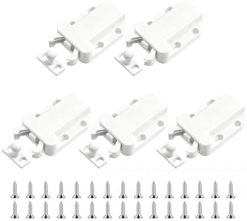FOCMKEAS 5 Pcs Push Latch White Rebound Self-Locking Device Plastic Door Catch Latche Suitable for Wardrobes, Cabinets, Drawers Cabinet & Furniture Door Catches