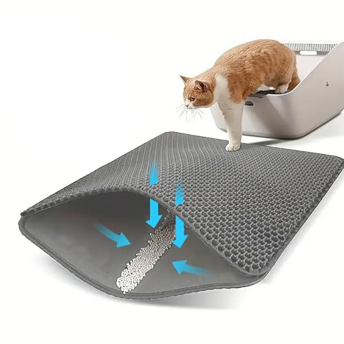 Kattlådematta – 90 x 60 x 1 cm kattströmatta, EVA dubbla skikt vaxkakor, katt litter matta, halkfri vattentät för toalett vardagsrum, grå
