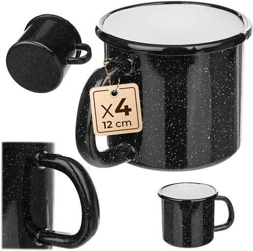 KADAX 4 tazas esmaltadas de 1150 ml para té y café, tazas para camping, tazas grandes de café con asa, tazas de café de acero esmaltado, tazas de té (negro)