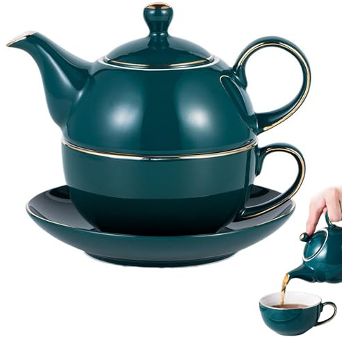 Juego de tetera y taza de té para uno, exquisito juego de tetera y taza de cerámica con platillo, elegantes elegantes juegos de para decoración de mesa cocina, juegos de ollas verde pavo r