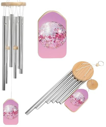 Maximalist Art Preppy Disco Ball on Pink Wind Chimes Memorial Deep Tone Windchime with 6 Aluminum Tubes Outdoor Backyard Garden Decoration