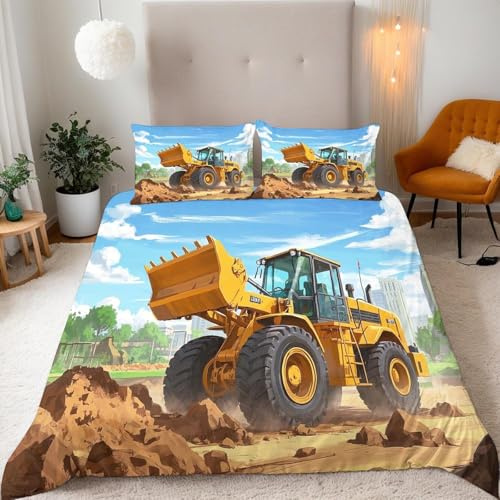 Funda Nordica Cama 80/90 Montacargas Infantil Funda Nórdica Edredon Vehículo de Construcción Fundas Nórdicas 135x200 Microfibra Suave Ropa de Cama con Cremallera y 2 Fundas de Almohada E.2990