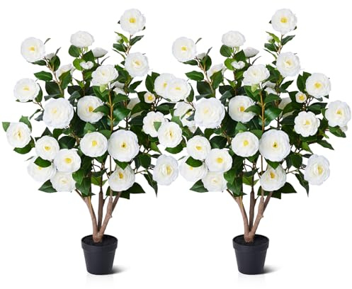 Verinatural Artificial Plants Outdoor 90cm Set of 2 White Camellia Faux Tree with 36 Fake Flowers & 261 Silk Leaves UV Resistant Decorative Plastic Pots – Indoor Home Front Door Garden Decor