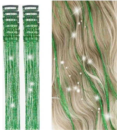 HAJHI Glitter Hair Tinsel Carnevale Clip BB 12 Pezzi Fata Ciocche Colorate Per Capelli Senza Cuciture Fili Metallici Per Riflessi Hair Extensions Per Bar Compleanni(Verde)
