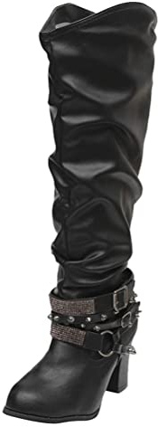 Minetom Damen Hohe Stiefel Winter Sexy Mode Casual High Heels Boots Blockabsatz Niet Schnalle Leder Lange Stiefel Schuhe