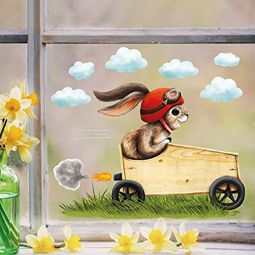 Wandtattoo Loft Fensterbilder Frühling Selbstklebend Hase im Seifenkiste Motiv, rot – A4 Bogen, Wiederverwendbar – Deko Frühling, Frühlingsbild Fenster, Fensterdeko Frühling, Fensterbild Ostern