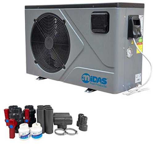 well2wellness Pompa di calore Full-Inverter Mida.Joy 12 - Riscaldamento per piscina con una capacità di riscaldamento fino a 11,90 kW Plus Bypass Set Basic + copertura