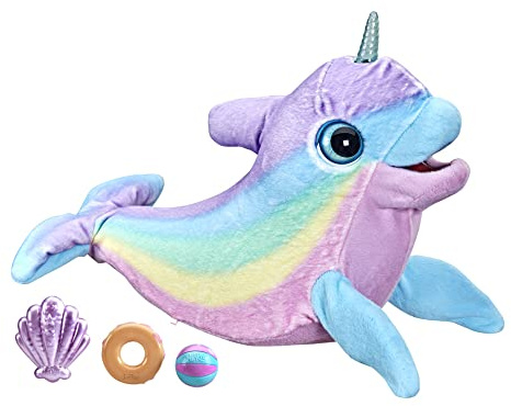FurReal Wavy the Narwhal Interactive Animatronic plyschleksak, elektroniskt husdjur, 80+ ljud och reaktioner, regnbågspolyester, åldrarna 4 och uppåt