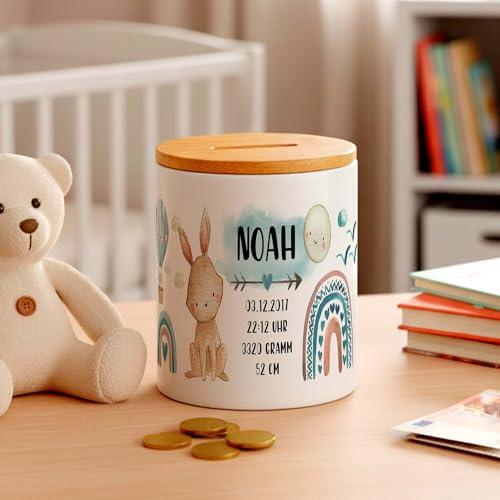 Hase Geburts-Daten Kinder-Spardose für Jungen mit Namen personalisiert zur Einschulung Taufe Geburtstag Geburt Sparschwein Geldgeschenk Kinderspardose