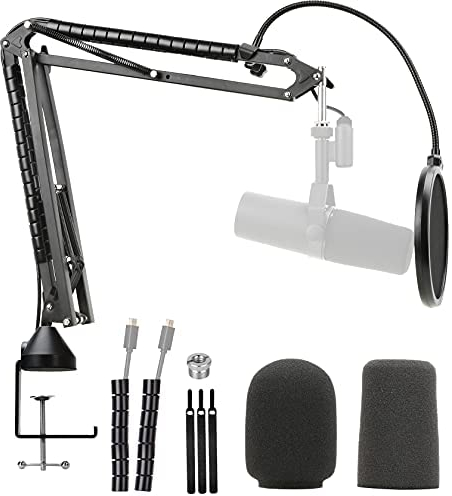 YOUSHARES Shure Sm7b Mikrofon Arm mit Pop Filter - Verbesserte Heavy Duty Mic Ständer Boom Arm mit 2 Arten von Schaumstoff Popschutz und 1 Metall Windschutz Schallschutz kompatibel mit SM7B Mikrofon