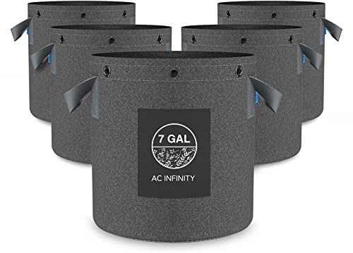 AC Infinity Heavy Duty Fabric Pots, 25 Liter Aeration Reusable Grow Bags 5-Pack 500G Thick Nonwoven Fabric and Multi-Purpose Rings for Low Stress Plant Training Fruits Vegetables and Flowers 7 Gallon