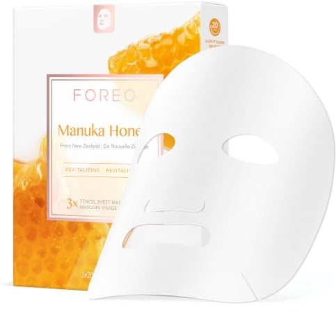 FOREO Manuka Honey Tuchmaske, 3er-Pack, kompatibel mit FOREO UFO | Gesichtsmaske, Tuchmaske, Manuka Honig, Feuchtigkeitsmaske, Anti-Aging, Nährend, Trockene Haut, UFO Masken