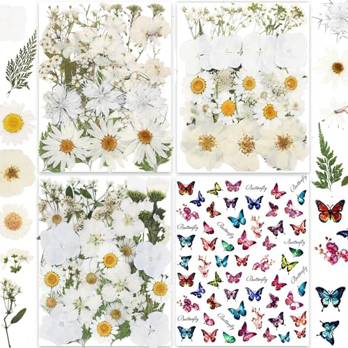 YouthBro 135PCS White Dried Pressed Flowers with Butterfly Stickers Real Nature Flowers Herb Set for Resin DIY Jewelry Candle Soap Vase Making Nail Card Scrapbook Art Craft Floral Decors