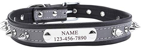 Mogokoyo Hundehalsband Leder Personalisiert Halsband Hund Katze mit Name Spitz Stachel Nieten Klassisch weiches PU-Leder Verstellbar Halsband für Katzen Hunde Welpen große Hunde Schwarz Lila