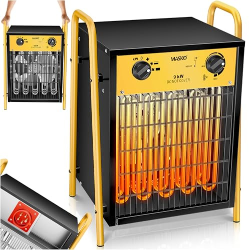 MASKO® Calentador eléctrico calentador de construcción con termostato integrado, calentador eléctrico con 3 etapas de calentamiento, calentador de ventilador para uso interior, amarillo, 9 KW