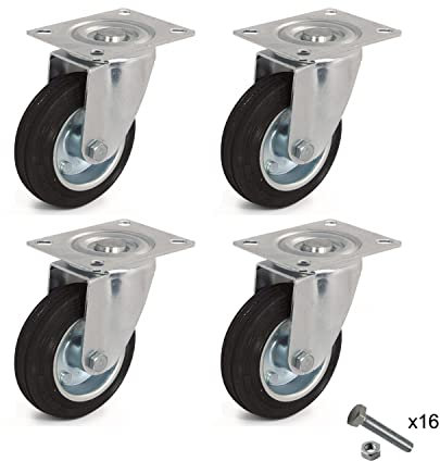 Castors Wheels - Kit 4 Ruote industriali 80 mm in acciaio e gomma senza freno - ruote pivotanti per carrello e carichi pesanti - portata max 200 kg - Rotelle per mobili, banchi da lavoro e fai da te