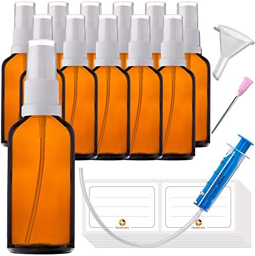 HandsUnity Set di 12 Flaconi in Vetro Ambrato da 50ml per Farmacia - Spruzzatore e Atomizzatore Bianco Con 29 Accessori