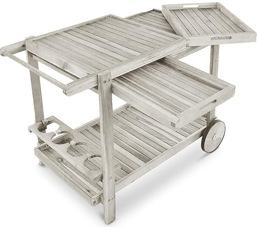 Limal Grilltisch Servierwagen Outdoor - Robuster BBQ Trolley aus Akazienholz mit Flaschenhaltern und Rollen - Witterungsbeständig und Mobil - Ideal für Garten und Terrasse (100 x 80 x 60 cm, Grau)
