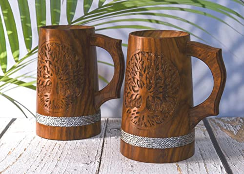Indian Beer Mug for him-Viking Style 20 OZ Wooden Beer Mug- Drinking Beer Tankard Natural Hardwood - Wedding & Birthday Gifts for Him (Set of 2 sheesham Wood Beer Mug with Both Side Hand Engraving)