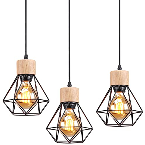TOKIUS 3 Piezas Lámpara Colgante Vintage 16CM Retro Lámpara de Techo Diseño de Jaula Negro Luz Colgante en Hierro Madera E27 Iluminación de Interior para Pasillo Comedor Dormitorio (Colgante 1 Luz)