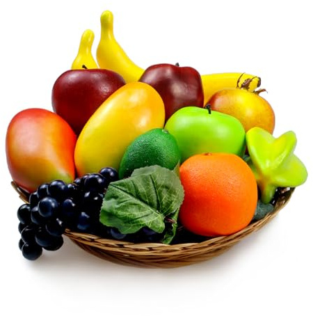 12 Pcs Artificial Fruits, Fake Fruit Decoration Realistic Faux Fruit Display, Imitation Fruit for Decor Kitchen Table Fruit Basket, Fake Apples Banana Orange Grape Mango Pomegranate