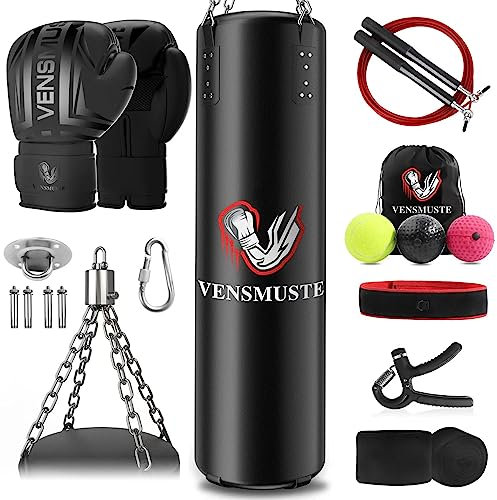 Vensmuste Saco de Boxeo para Adultos, Juego de Bolsas de Boxeo Pesadas de Poliuretano de 4 pies, Saco de Boxeo Pesado con Guantes de 12 onzas para Artes Marciales Mixtas, Karate, Kickboxing, Boxeo,