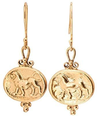 Löwe-Münz-Ohrring, antike römische Münz-Ohrring, Signet-Münz-Ohrring. 24K vergoldeter Tropfen- und Ohrhänger-Ohrring aus antikem griechischen Silber. 925 Sterling Siegel-Silber-Intaglio-Ohrring.