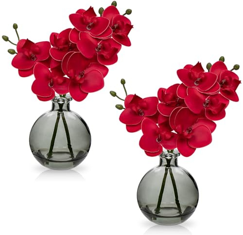 Hollyone 2 flores artificiales de orquídea roja en jarrón, pequeña planta de orquídea falsa con jarrón de cristal, decoración de boda, centro de mesa, decoración del hogar, sala de estar, decoración