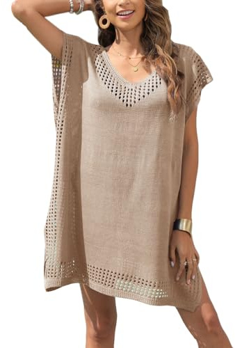 Women's Swim Cover-ups Beachwear Hollow Out V-Neck Short Sleeve Crochet Dress Women Bikini Plus Size Beach Long Beachwear Lightweight Poncho Casual Loose Flowy Swimwear
