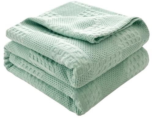 Hayisugal Tagesdecke 100% Baumwolle Kuscheldecke Leichte Wohndecke in Waffeloptik, Softe Überwurfdecke Bett, Sofa Überwurf Wohnzimmer Schlafzimmer Sommerdecke Baumwolldecke, Grün, 150 x 200cm