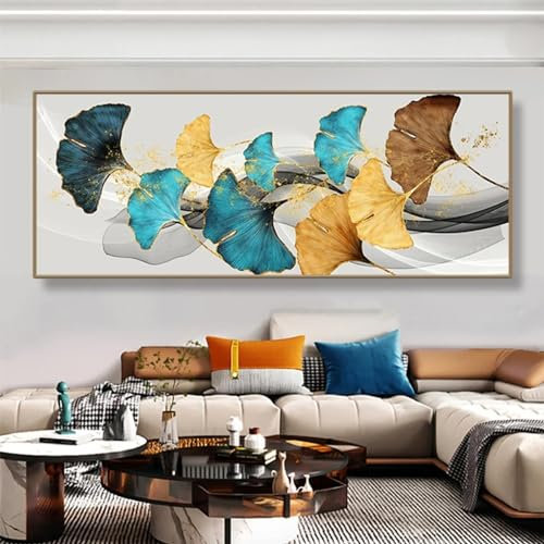 KEMEIQI Blau Grün Gelb Blattgold Pflanze Blume Leinwand Poster Abstrakte Malerei Wandkunst Druck Nordische Moderne Bilder Raumdekoration 70x140cm Rahmenlos
