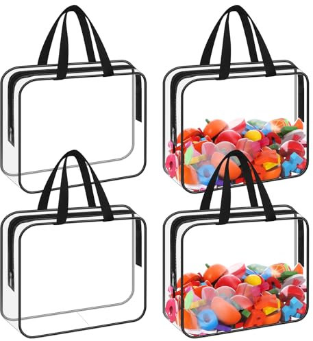 4 Pack Clear PVC Toy Storage Bags with Handles Moving Totes Waterproof Zippered Pouch Organizer Bag for Toys Puzzle Balls Game Pieces Stationery (Zipper)