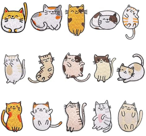 Aufnäher zum Aufbügeln, Motiv: Katzen, niedliche Aufnäher, bestickt, für Jeans, Jacken, Rucksäcke, Hosen, Kleidung, 15 Stück