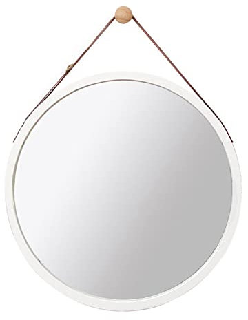 LDTTYRC 38 cm/45 cm dekorativer Spiegel mit PU-Lederband, runder Wandspiegel zum Aufhängen, Kosmetikspiegel, Badezimmerspiegel mit Holzrahmen, für Badezimmer, Schlafzimmer, Wohnzimmer (Farbe: Weiß,