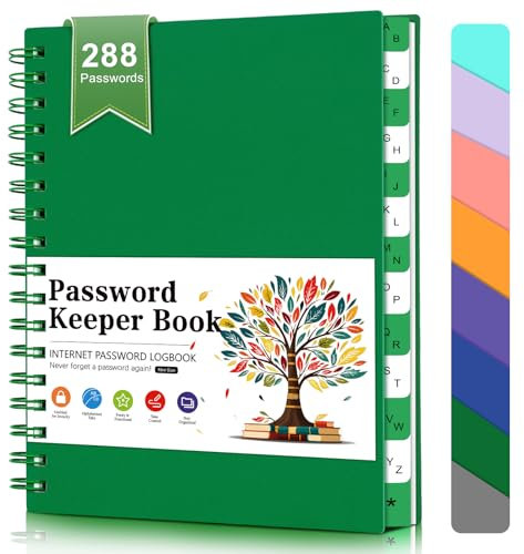 BLESWIN Passwortbuch mit Alphabetischen Registern, 12 x 15,6CM Kleines Passwortbuch, Spiral-Passwortbuch für Senioren, Internet-Passwort-Logbuch für das Büro zu Hause, A bis Z Notizbuch, Dunkelgrün