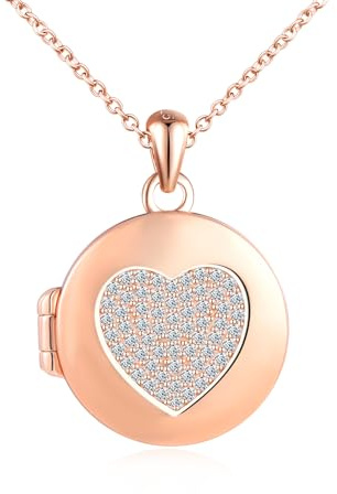 Künstliches Zirkoniumoxid Herz Foto Kette Silber 925 mit Bild: Halskette Damen Medaillon zum Öffnen für Bilder-Rund Anhänger Ketten Amulett Schmuck-Personalisierte Geschenk für Frauen Mama Freundin
