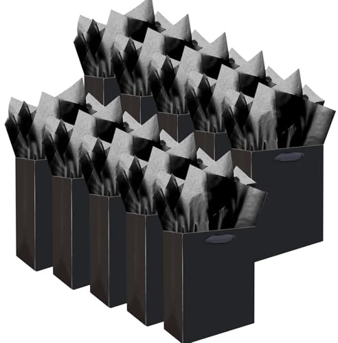 qiqee 10 schwarze Mini-Geschenktüten mit Seidenpapiergriffen, 16 x 11,9 x 6,1 cm, kleine Größe, Partygeschenk (10 Tüten, 30 Seidenpapier)
