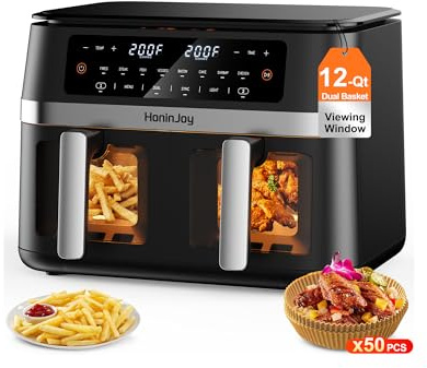 HoninJoy 12QT Large Dual Basket Air Fryer with Viewing Window and 50pcs Paper Liners, 10-in-1 Digital Touchscreen Double Zone Air Fryers, SyncCook to Bake,Roast,Reheat,Broil, Nonstick Dishwasher Safe