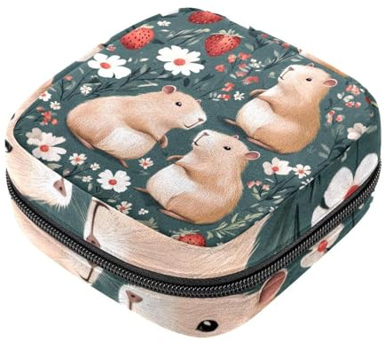 Capybara Damenbinden mit Erdbeer-Blumenmuster, Aufbewahrungstasche für die erste Periode, für Mädchen und Frauen, Menstruationstassen-Beutel, Menstruationstasse, Tamponbeutelhalter