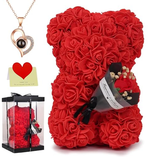 Orsetto di rose con bouquet e scatola regalo, 25 cm, teddy floreale romantico per anniversario, Natale, matrimonio e compleanno (rosso)