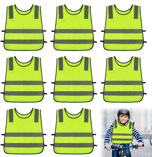 WANDGU Confezione da 8 Gilet ad Alta visibilità per Bambini: Gilet di Sicurezza Leggero per Bambini, Gilet di Segnalazione per Bambini e Bambine dai 3 ai 12 Anni, Giallo Neon