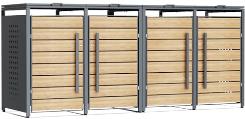CHOSHOME Mülltonnenbox 4er für 4 Mülltonne 240L - Anthrazit & Holzoptik | Mülltonnenverkleidung aus verzinktem Stahl, wetterfest & UV-beständige, Softclose-Deckel & Schloss, Gerätebox, Garten Müllbox