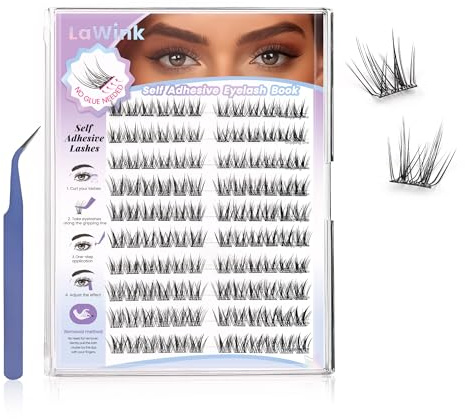 LaWink Pre Glued Cluster Lashes 110Pcs LC Curl 10-12MM with tweezer Wispy Cluster Lashes Self Adhesive Eyelashes Natural DIY Lash Extension Kit Press On Lash ReadyBond Lashes No Glue