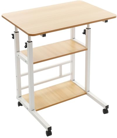 Höhenverstellbarer Schreibtisch mit Rollen, 3-stufiger mobiler Schreibtisch, Stehpult Höhenverstellbar Computertisch, Laptoptisch mit Rollen für Wohnzimmer, Heimbüros 60x40 cm (White Oak Farbe)