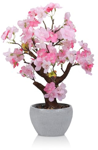 HPNIUB Artificial Pink Cherry Blossom Potted Plant in Stone Pot 24x19x34cm