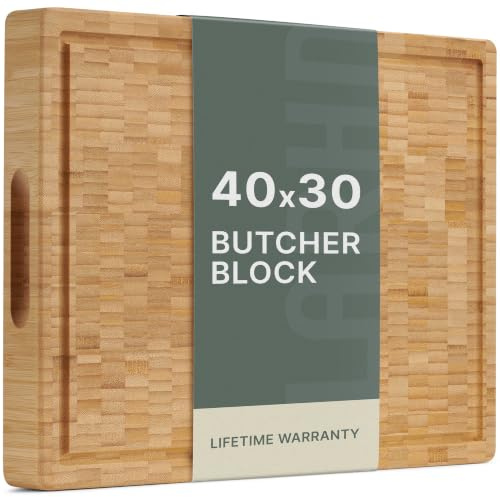 LARHN End-Grain Bamboo Butcher's Block & Chopping Board - 40x30x4cm | Gentle on Knives, Juice Groove, Recessed Handle, Pre-Oiled, Reversible, Plastic-Free, for Carving & Cutting Meat, Veg, Bread