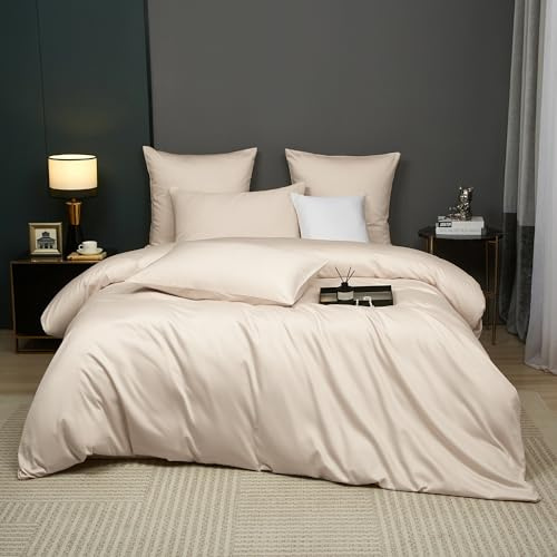 Luowei Biancheria da letto in tinta unita, 135 x 200 cm, cotone satinato, 100% cotone a fibra lunga, traspirante, marrone chiaro, certificato Oeko-Tex, set di biancheria da letto con chiusura lampo e