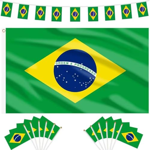 AhfuLife Drapeau Brésilien Decoration Kits, 90x150cm Drapeau Brésil, 12m Guirlande Drapeau Brésil et 12Pcs Petit Drapeaux Brazil 14 x 21cm pour Coupe du Monde Fête Nationale Jardin Décoration