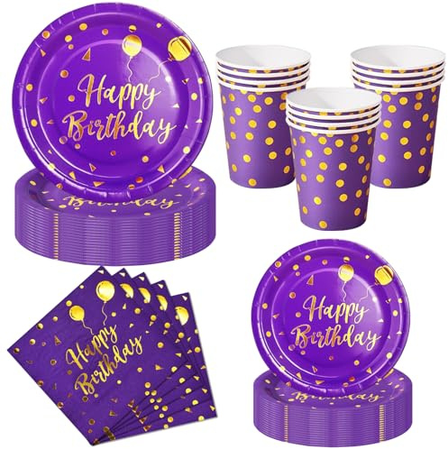 Nkaiso Kit Vaisselle Jetable Anniversaire 50 Pièces Violet Or - 10 Assiettes Plates, 10 Assiettes Dessert, 10 Gobelets, 20 Serviettes - Pour Decoration Anniversaire Party - 10 Invités