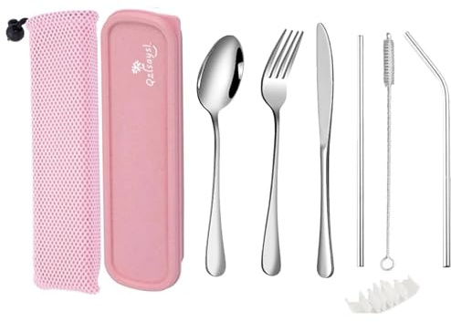 QZLSAYSL 9-teiliges Camping Geschirr Edelstahl Reisebesteck Set mit Aufbewahrungstasche, Verstärktes Etui mit Schnallenverschluss, Geeignet für Outdoor Camping, Reisen (Rosa)